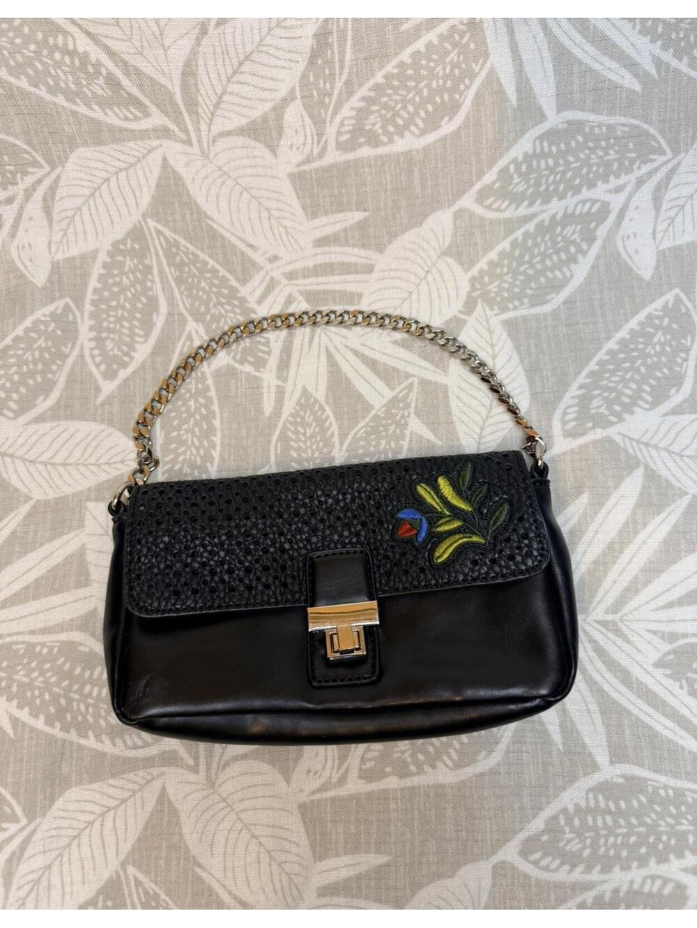 Dream Control Small Black Shoulder Bag Embroidered Floral, Vintage Y2K